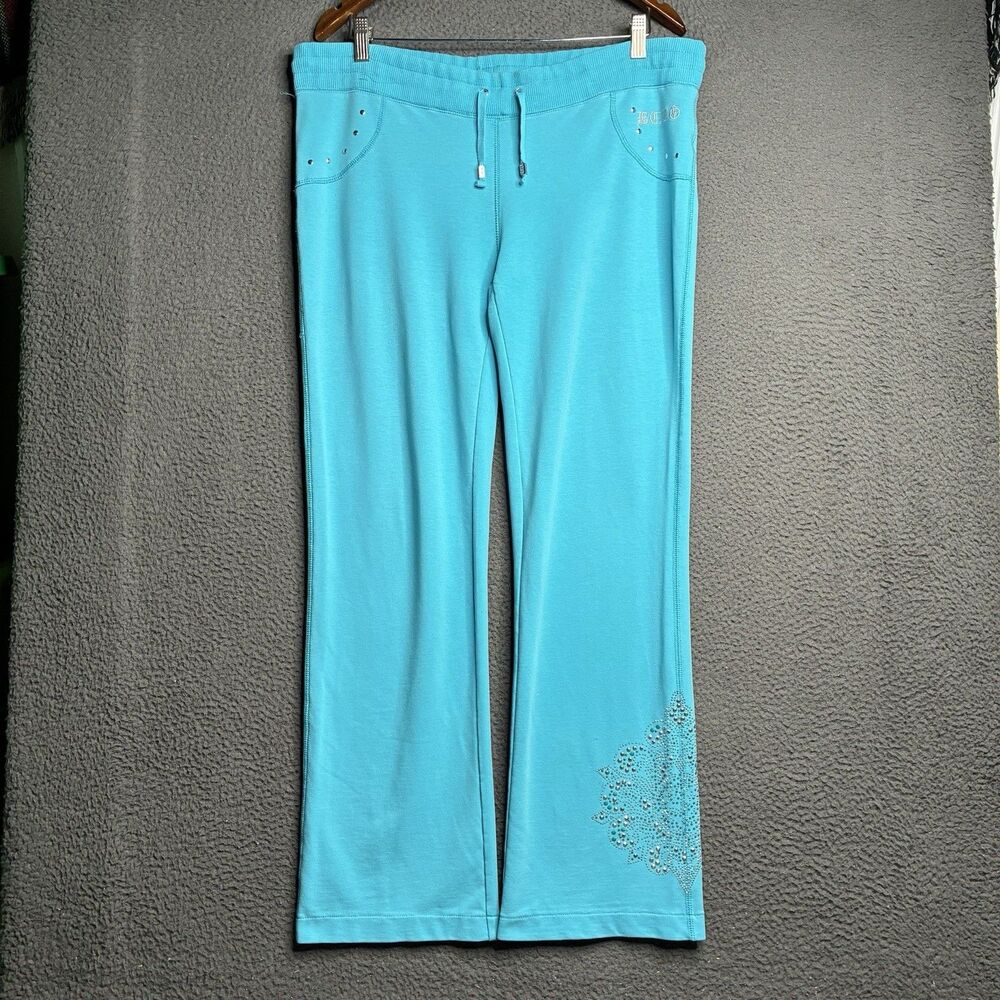 BCBG Y2K Flare Pants Large Rhinestone Vintage Low Rise Track Cyber Drawstring